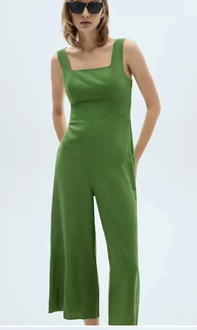 NWT Mango Green Linen Jumper Jumpsuit Medium